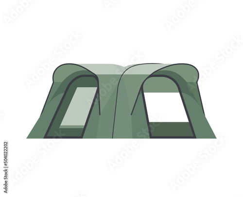 Green family tent vector flat illustration. Camping canvas with two doors. Isolated.