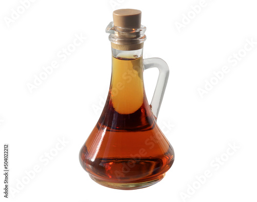 Glass bottle with olive oil isolated on white background. Vegetable oil in a glass bottle (oiler).