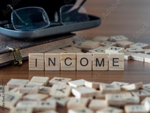 income word or concept represented by wooden letter tiles on a wooden table with glasses and a book photo