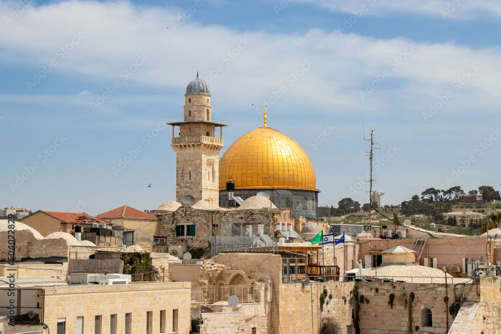 The Dome of the Rock or Al Qubbat as-Sakhrah. View of Al-Aqsa Mosque and Silsila Minaret in muslim quarter of Jerusalem city
