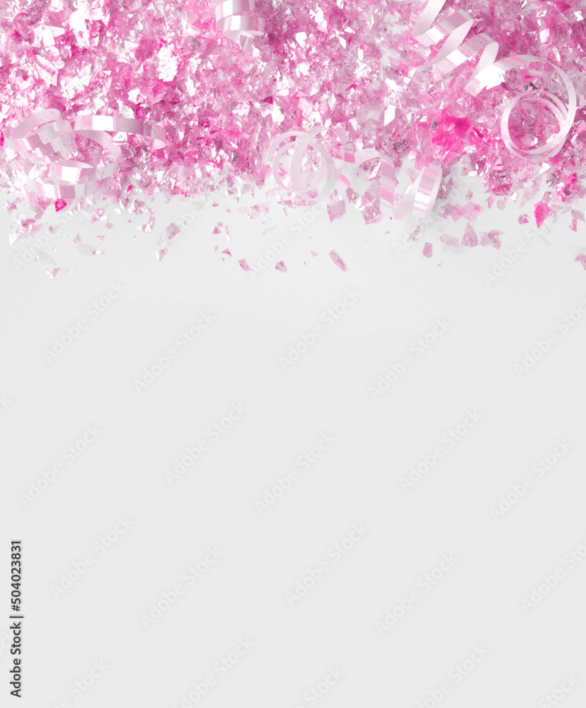 Pink Metallic Confetti and Paper Swilrls on a White Background.Simple Modern Composition with Shimmering Confetti Scattered Confetti ideal for Banner, Card. Top-Down View.No text. Party Layout. Pink Metallic Confetti and Paper Swilrls on a White Background.Simple Modern Composition with Shimmering Confetti Scattered Confetti ideal for Banner, Card. Top-Down View.No text. Party Layout.