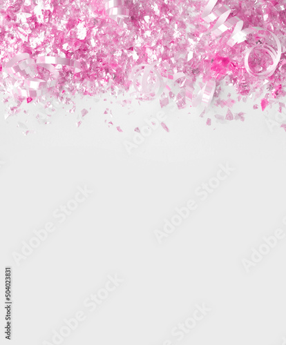 Pink Metallic Confetti and Paper Swilrls on a White Background.Simple Modern Composition with Shimmering Confetti Scattered Confetti ideal for Banner, Card. Top-Down View.No text. Party Layout.