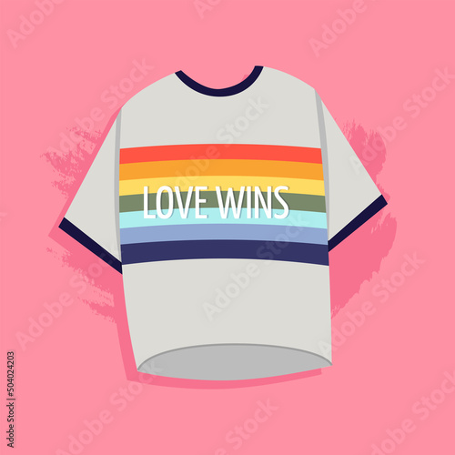 The concept of Pride. A T - shirt with a rainbow flag and the inscription love wins .   The concept of LGBTQ. Support for homosexuals. Equality and protection of love.