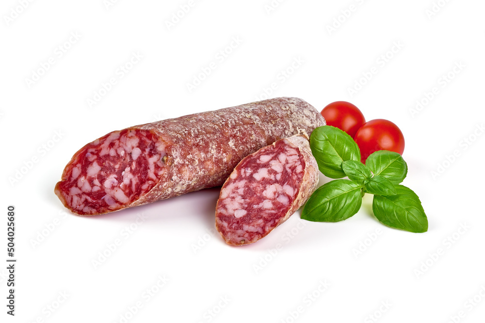 Italian salami with mold, isolated on white background. Italian salami with mold, isolated on white background.