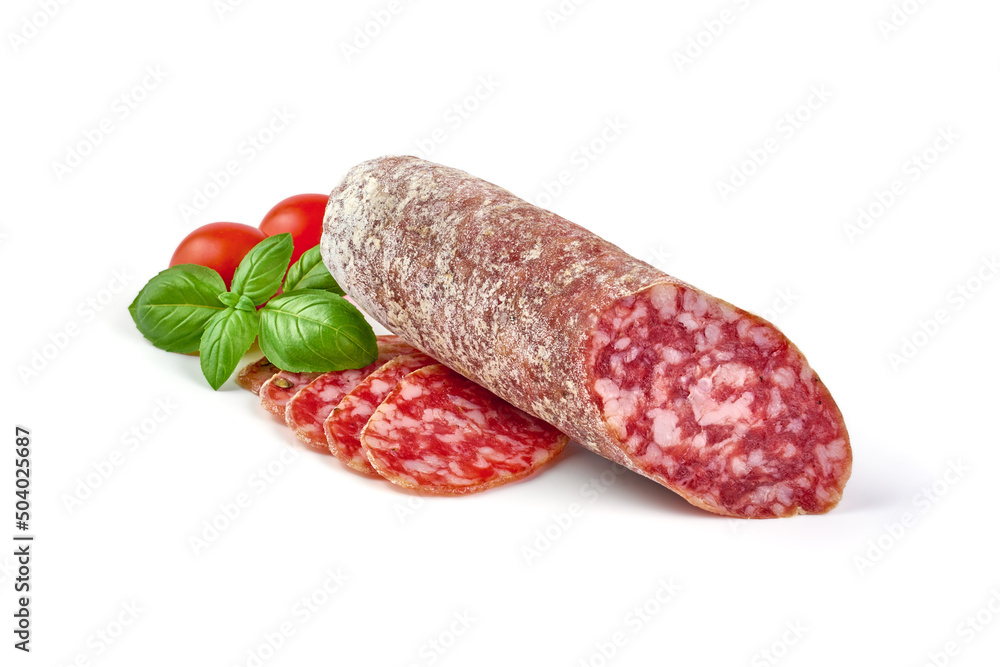 Italian salami with mold, isolated on white background. Italian salami with mold, isolated on white background.