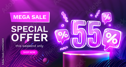 Mega sale special offer, Neon 55 off sale banner. Sign board promotion. Vector