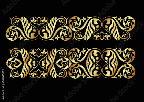 Interlacing abstract ornament in the medieval, romanesque style. Element for design. In gold and black vector illustration. Isolated on white background.