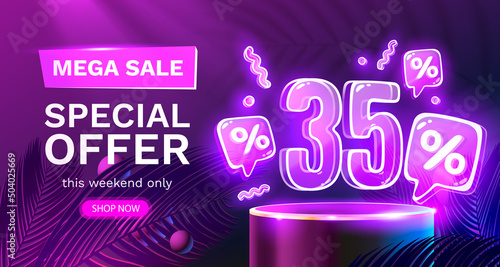 Mega sale special offer, Neon 35 off sale banner. Sign board promotion. Vector