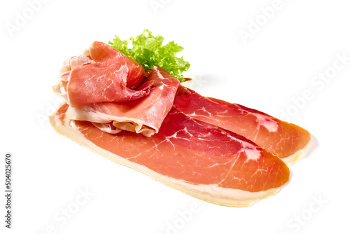 Traditional cured jamon, isolated on white background.