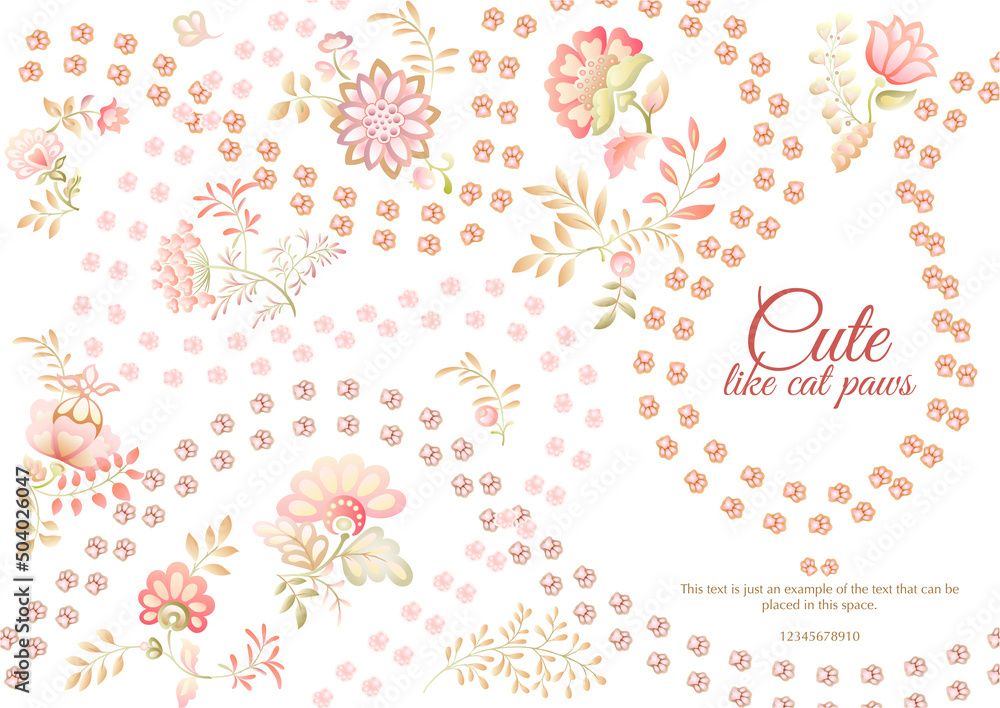 Cute fantasy flowers with cat paw prints. Animal and floral motif. Millefleurs trendy floral design. Template for wedding invitation, greeting card, banner, gift voucher, label. Vector illustration. Cute fantasy flowers with cat paw prints. Animal and floral motif. Millefleurs trendy floral design. Template for wedding invitation, greeting card, banner, gift voucher, label. Vector illustration.