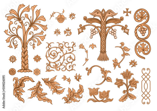Byzantine traditional historical motifs of animals, birds, flowers and plants Clip art, set of elements for design Vector illustration.