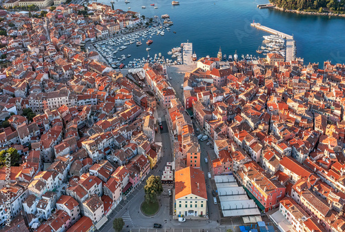 Aerial view to Rovinj old town, popular travel destiation in Istria, Croatia.