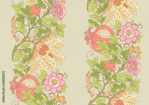 Fantasy flowers in retro, vintage, jacobean embroidery style. Seamless pattern, background. Vector illustration.