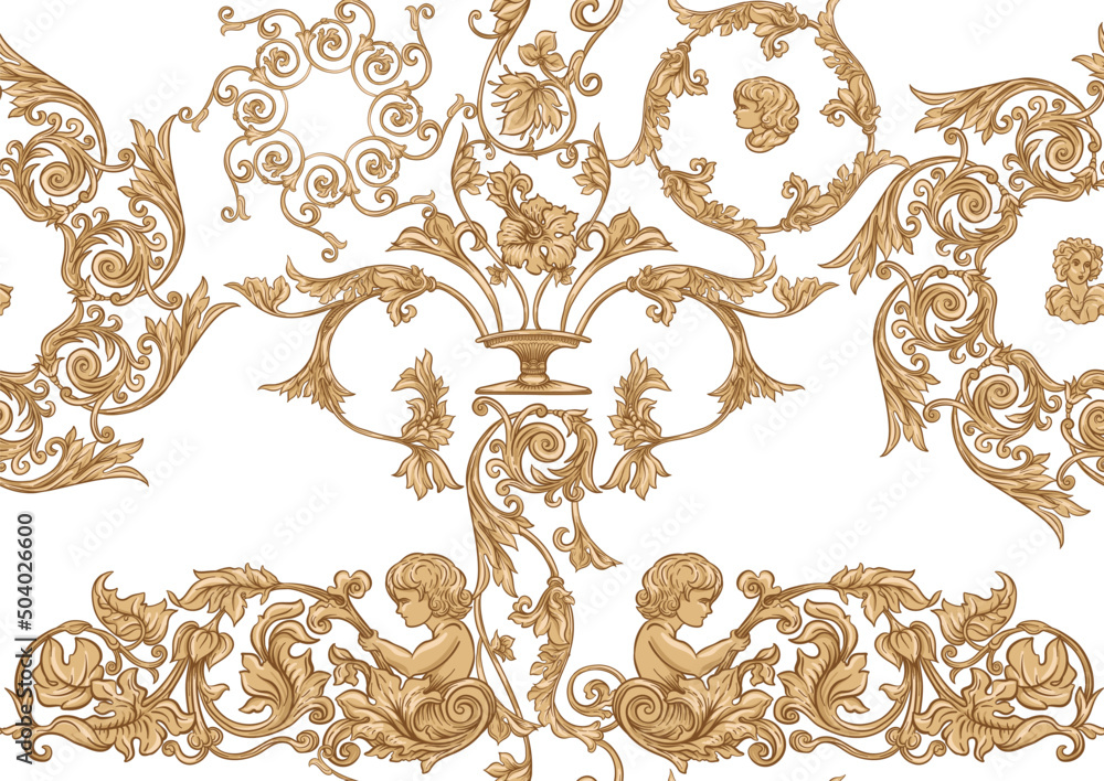 Seamless pattern, background In baroque, rococo, victorian, renaissance style. Trendy frolar vintage pattern in vintage beige colors. Vector illustration