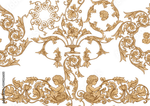 Seamless pattern, background In baroque, rococo, victorian, renaissance style. Trendy frolar vintage pattern in vintage beige colors. Vector illustration