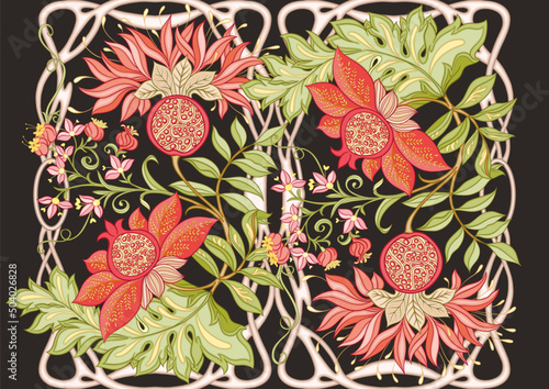 Decorative pomegranate fruits and flowers in art nouveau style, vintage, old, retro style. Seamless pattern, background. Vector illustration.
