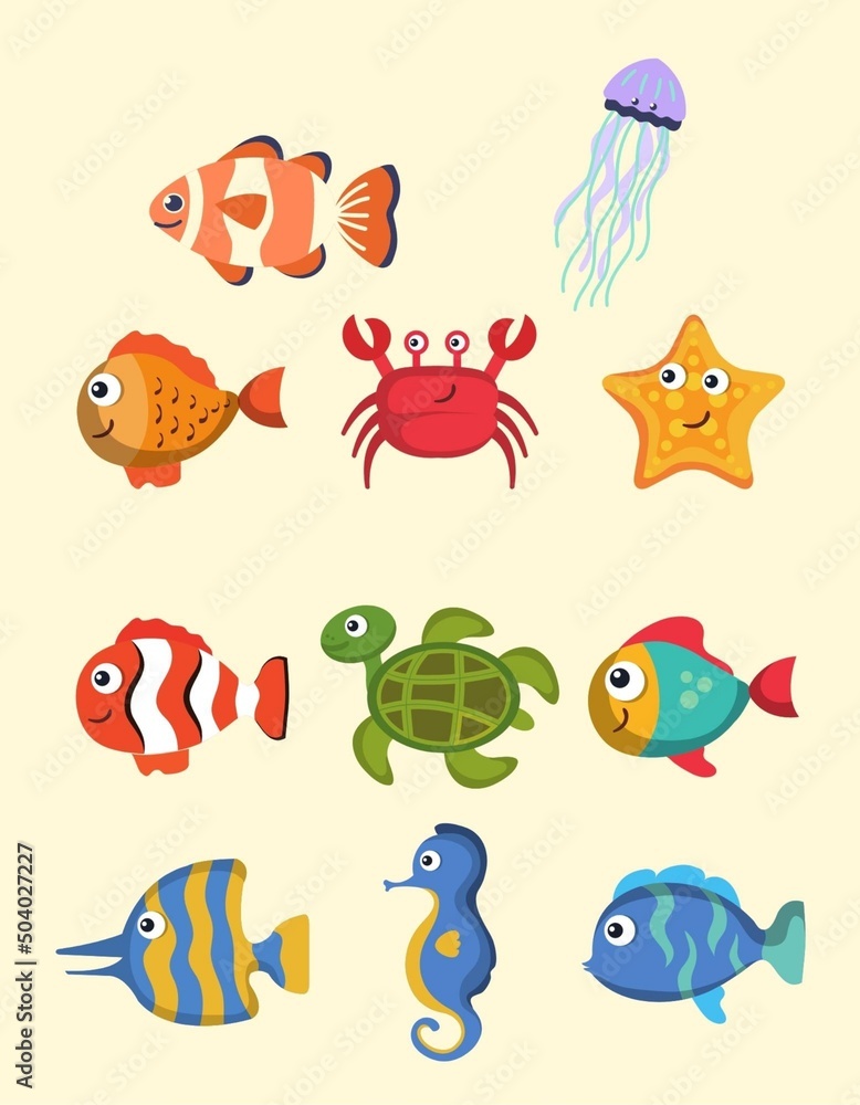 Set of marine animals.fish,turtle,seahorse