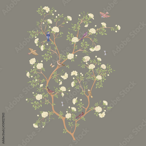Camellia blossom tree With sparrow, finches, butterflies, dragonflies. Clip art, element for design Vector illustration. In botanical style
