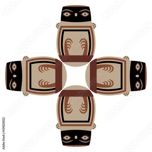 Square cross design with four stylized owls. Ancient Peruvian animal design. Native American art. Nazca pottery.