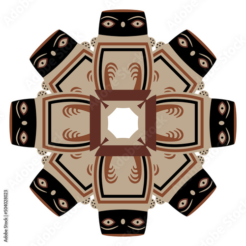 Round ethnic mandala with stylized owls. Ancient Peruvian animal design. Native American art. Nazca pottery.