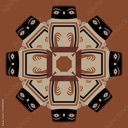 Round ethnic mandala with stylized owls. Ancient Peruvian animal design. Native American art. Nazca pottery. On orange background.