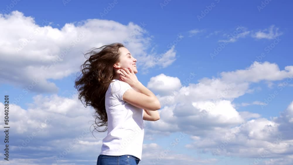 happy child show long hair enjoy the sun on sky background, motivation happy child show long hair enjoy the sun on sky background, motivation