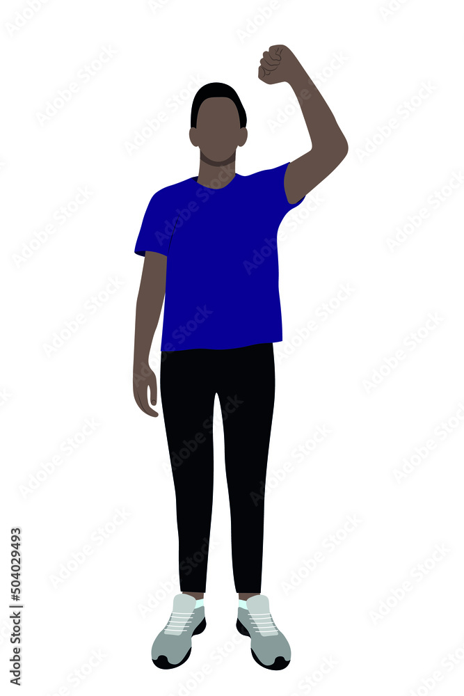 Portrait of a black guy in full growth, one hand raised up, flat vector on a white background, faceless illustration Portrait of a black guy in full growth, one hand raised up, flat vector on a white background, faceless illustration