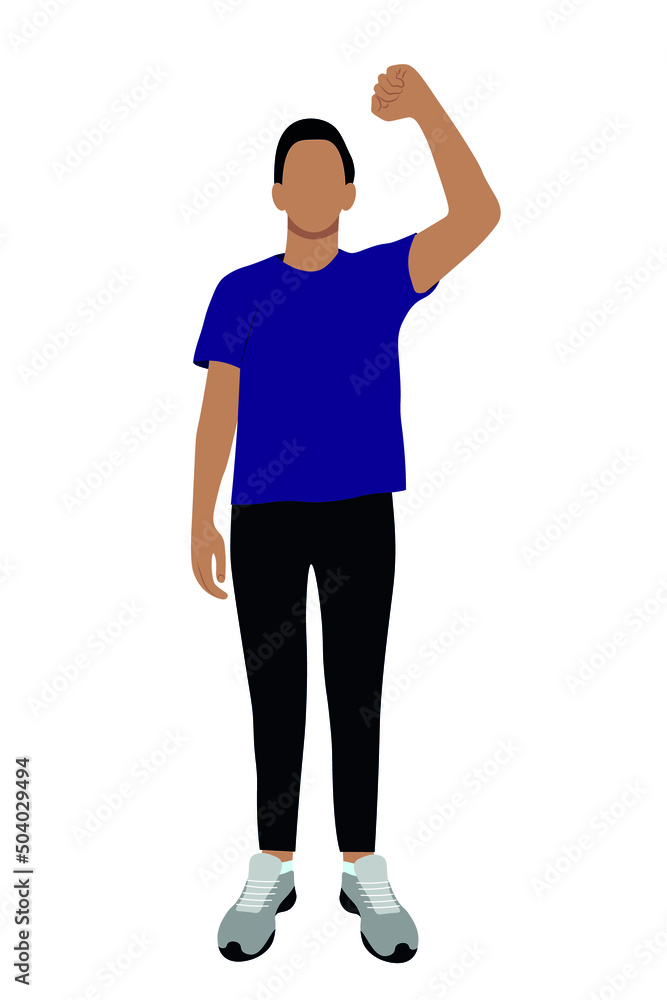 Portrait of a indian guy in full growth, one hand raised up, flat vector on a white background, faceless illustration
