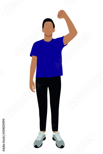 Portrait of a indian guy in full growth, one hand raised up, flat vector on a white background, faceless illustration
