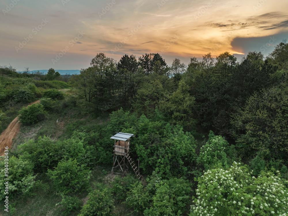 Hungary - Amazing lookout tower on the Godollo hills, next to the Formula 1 racing tack from drone view