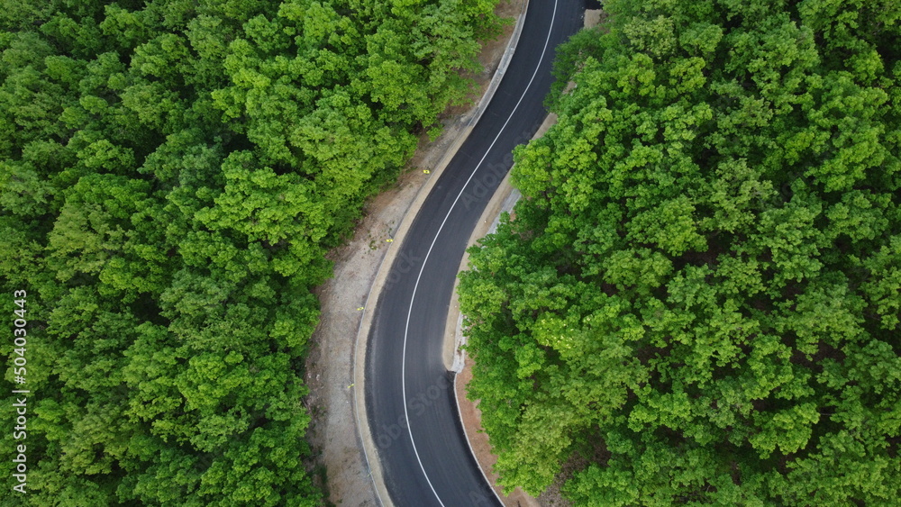 Aerial shot of a winding road passing through a beautiful dense green forest	