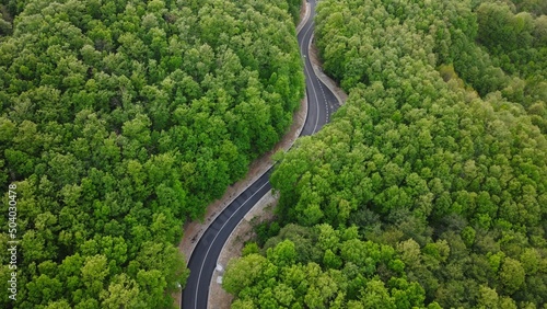 Aerial shot of a winding road passing through a beautiful dense green forest 