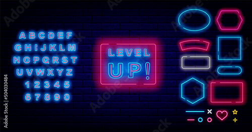 Level up neon signboard. Frames collection. Passing online computer game. Vector stock illustration