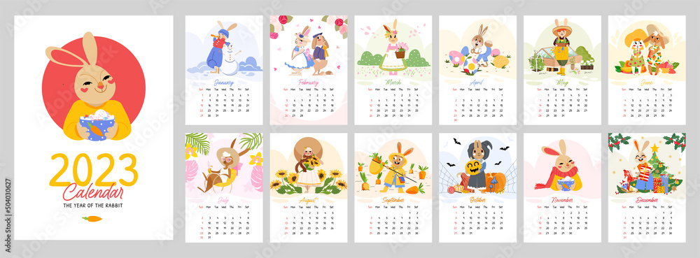 Calendar 2023 with cute rabbit. Covers and 12 month pages bunny character symbol year. Flat cartoon template, cute hare lies beach, gives gift, drink latte, Halloween, Easter, vector