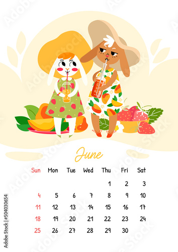 Vertical vector calendar for June 2023 with cute rabbit with summer drink. The year of the rabbit  symbol of 2023. Week starts on Sunday