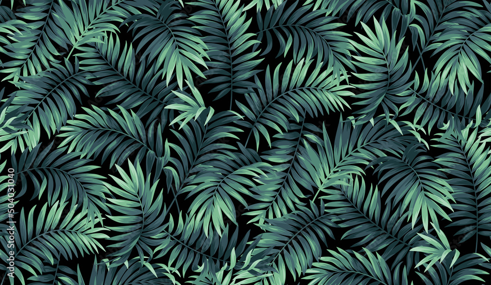 Vintage seamless pattern with tropical palm leaves. Exotic plants in realistic style. Foliage design on a black background. Vector botanical illustration. 