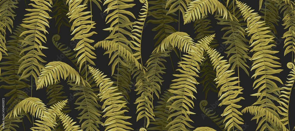 Vintage seamless pattern with tropical plants. Jungle fern. Leaves in realistic style. Vector botanical illustration. Hawaiian foliage design.