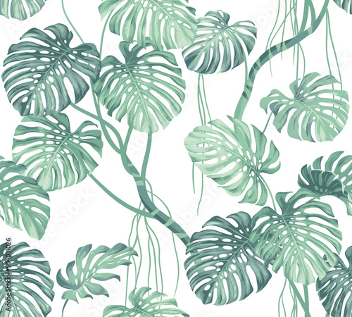 Seamless pattern with tropical palm leaves in realistic style. Exotic plants. Vector botanical illustration. Foliage background for wallpaper, textile, wrapping paper and greeting card.
