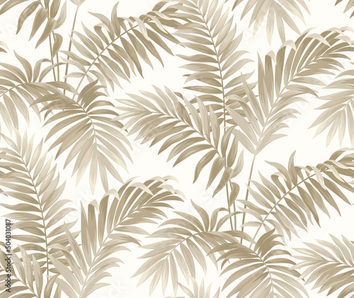 Vintage seamless pattern with tropical leaves in realistic style. Exotic plants. Vector botanical illustration. Foliage background for wallpaper, textile, wrapping paper and greeting card.