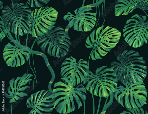 Vintage seamless pattern with monstera leaves. Exotic plants in realistic style. Foliage design on a black background. Vector botanical illustration. 