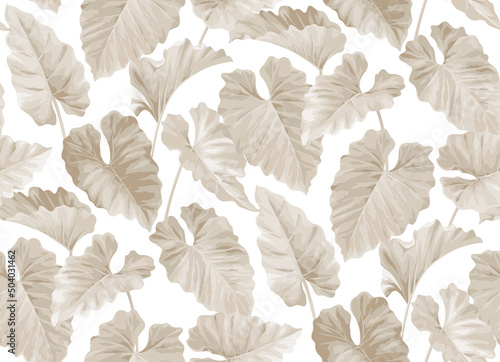 Vintage seamless pattern with tropical leaves in realistic style. Exotic plants. Vector botanical illustration. Foliage background for wallpaper, textile, wrapping paper and greeting card.