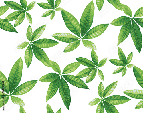 Seamless pattern with tropical leaves in realistic style. Exotic plants. Vector botanical illustration. Foliage background for wallpaper, textile, wrapping paper and greeting card.