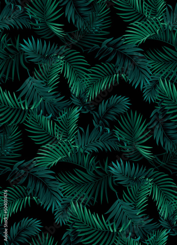 Vintage seamless pattern with tropical palm leaves. Exotic plants in realistic style. Foliage design on a black background. Vector botanical illustration. 