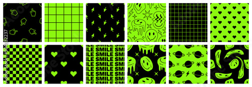Rave psychedelic acid seamless pattern set. Trippy background with smile sticker in trendy 90s style.