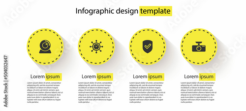 Set Web camera, Clock and gear, Shield with check mark and Car DVR. Business infographic template. Vector