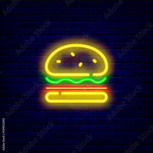 Hamburger neon icon. Snack bar signboard. Fast food emblem. Simple design. Glowing sign. Vector illustration