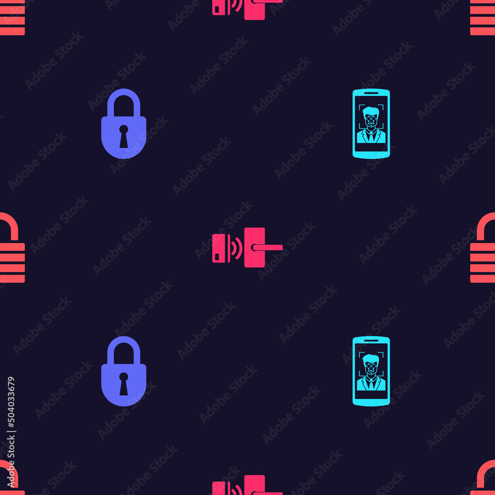 Set Mobile and face recognition, Lock, Digital door lock with wireless and on seamless pattern. Vector Set Mobile and face recognition, Lock, Digital door lock with wireless and on seamless pattern. Vector