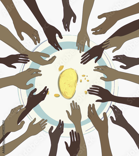 Vector illustration of the concept of starvation and malnutrition. The problem of hunger, hunger and malnutrition, resource mobilization, hunger of the population, food shortage, poor nutrition