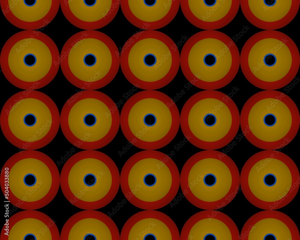 Fototapeta premium Illustration of a seamless tile pattern with red and yellow circles on a black background