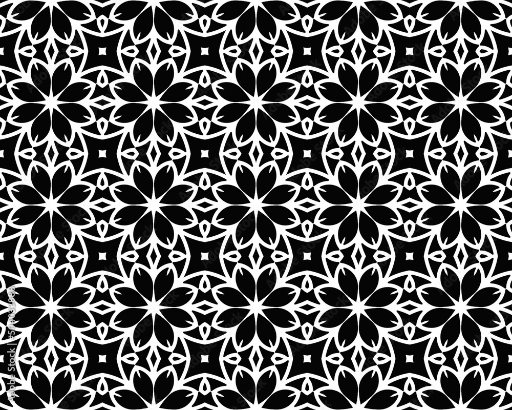 Illustration of a seamless tile pattern with flowers in black and white Illustration of a seamless tile pattern with flowers in black and white
